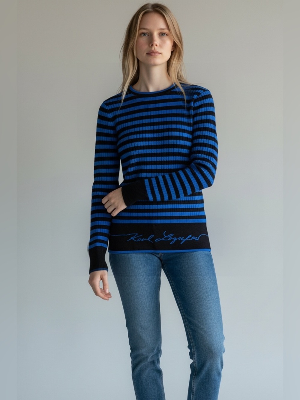 Karl Lagerfeld Striped Ribbed Blue & Black Logo Women’s Sweater Size Small NWT